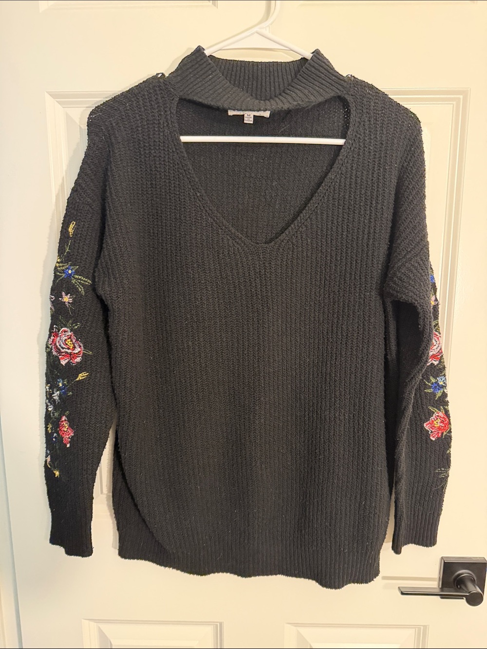 Woven Heart Black V-Neck Sweater with Floral Sleeve Embroidery